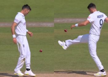 James Anderson showcases his football prowess at Old Trafford during the 2023 Ashes.