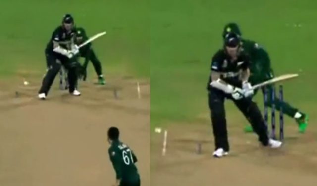 Tom Latham hits an absurd four off Agha Salman's double-bounce delivery during the ODI World Cup Warm-ups in 2023.