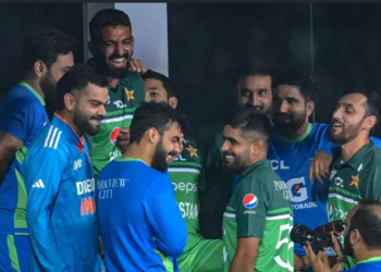 Players from India and Pakistan have some laughs in the pavilion after the washout during the Asia Cup in 2023. 2 Players from India and Pakistan have some laughs in the pavilion after the washout during the Asia Cup in 2023.