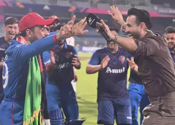 Rashid Khan and Irfan Pathan perform a dance during the ODI World Cup 2023 to commemorate Afghanistan's historic victory over Pakistan. 1 Rashid Khan