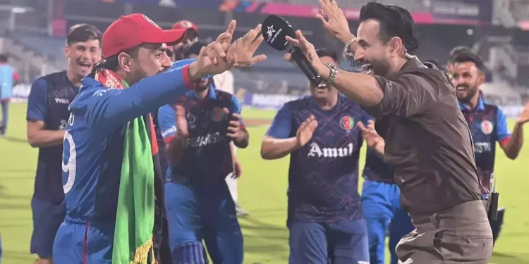 Rashid Khan and Irfan Pathan perform a dance during the ODI World Cup 2023 to commemorate Afghanistan's historic victory over Pakistan. 1 Rashid Khan