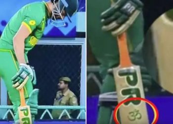 Keshav Maharaj was observed using a "Om" gesture on his bat against the Netherlands during an ODI World Cup match in 2023.