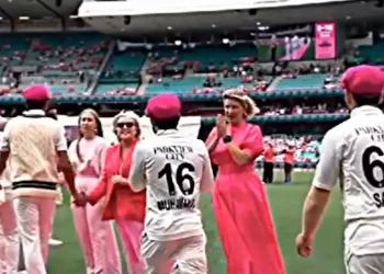 Mohammad Rizwan folds his hands when he greets the female members of the McGrath family.