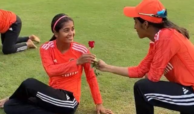 Shreyanka Patil receives a rose from Jemimah Rodrigues, dubbed the "most exciting upcoming player."