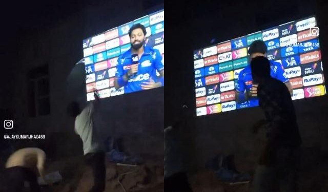 IPL 2024: As Hardik Pandya receives a post-match interview, fans toss bottles and shoes onto a big screen.