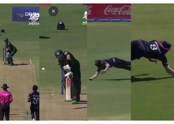 Stunning catch by Steven Taylor sends Mohammad Rizwan packing in USA-PAK match 7 Stunning catch by Steven Taylor sends Mohammad Rizwan packing in USA-PAK match