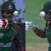 Tanzid Hasan, playing for BAN vs. NED, barely avoids harm when a bouncer gets caught in his helmet; the video goes viral.