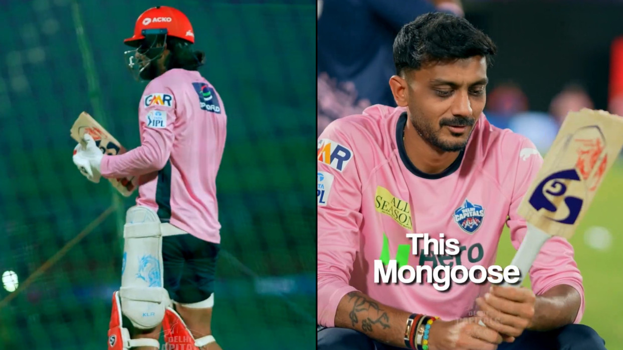 [WATCH] IPL 2025: Axar Patel's banter as KL Rahul's bat breaks mid practice