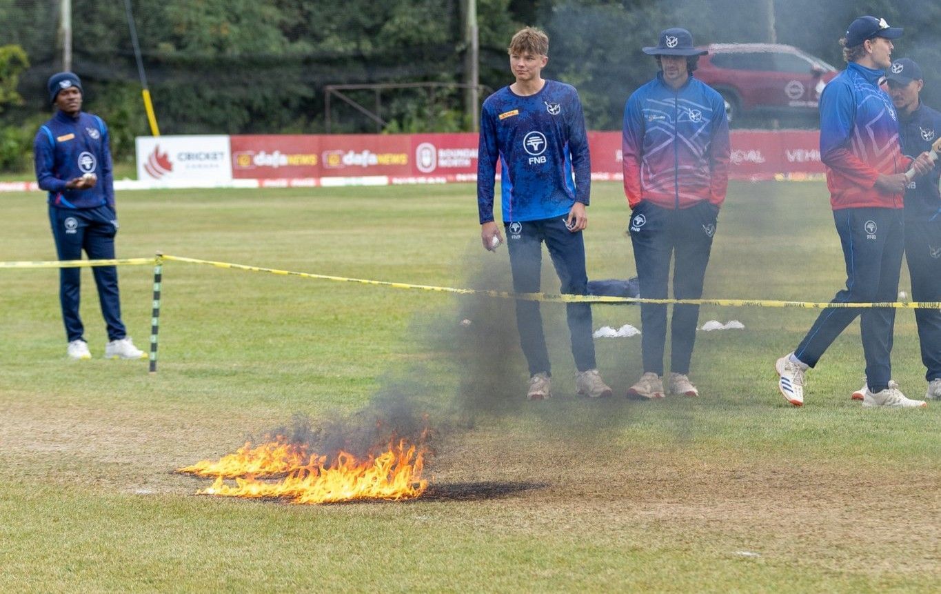 Ground staff sets pitch on fire after rain in NAM vs SCO World Cup League 2 clash 1 Ground staff sets pitch on fire after rain in NAM vs SCO World Cup League 2 clash