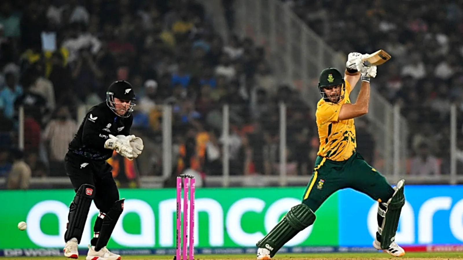 Aiden Markram lifts Lockie Ferguson into the stands with a classy lofted drive