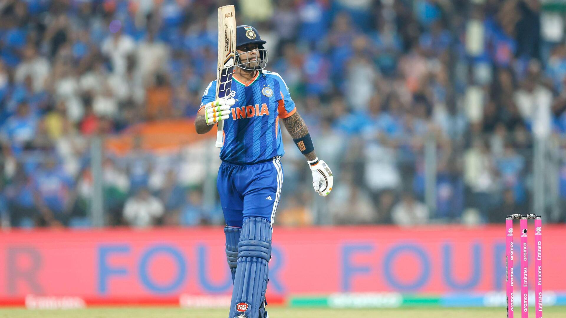 Suryakumar Yadav hammers Tinotenda Maposa for six in the T20 World Cup